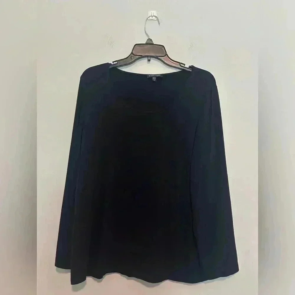 Eileen Fisher Womens Jersey Scoop Neck Long Sleeve Top Blouse Size XL Blue/Black